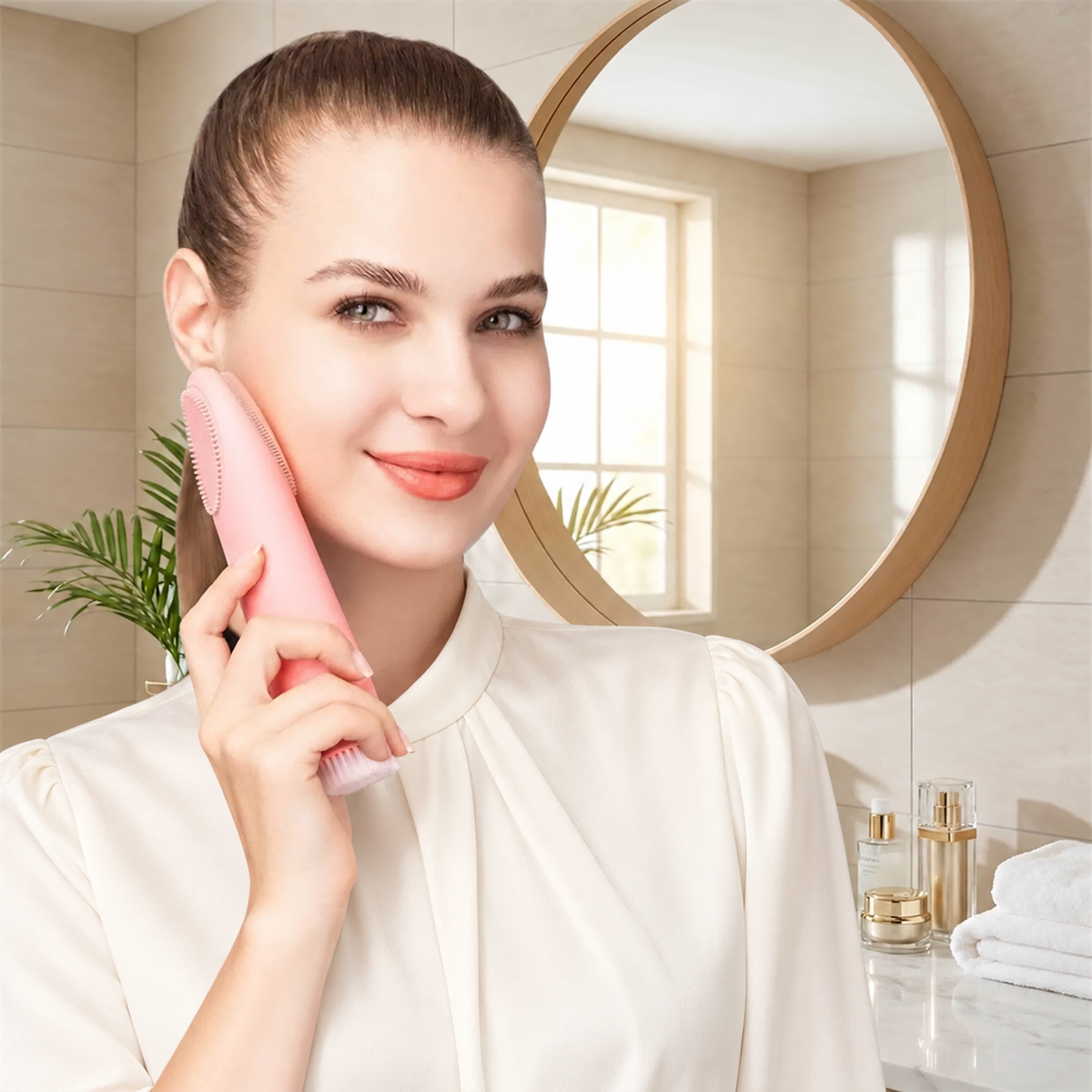 Femme utilisant LuminPro avec sa tête nettoyante visage