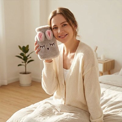 Femme tenant une bouillotte peluche pres de son visage