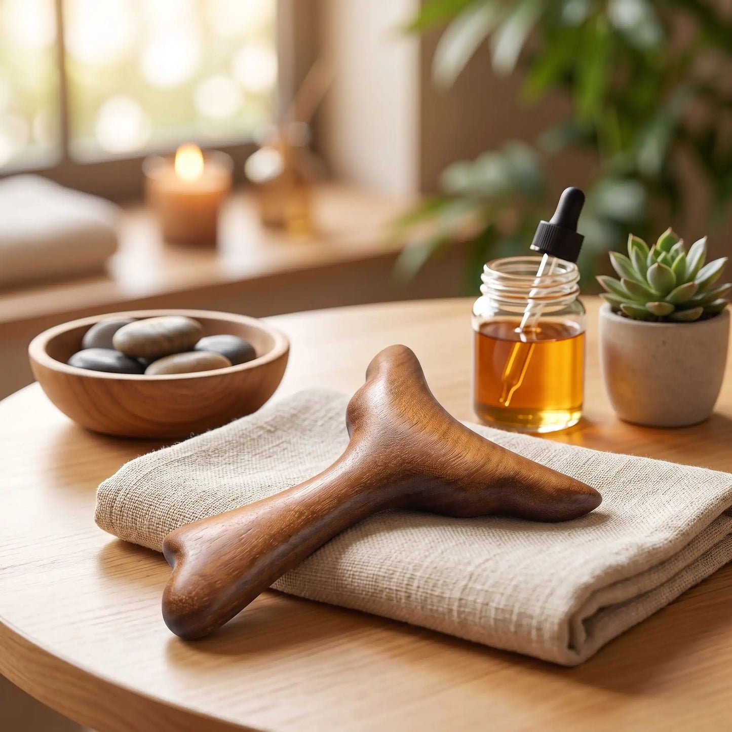 Outil de massage en bois posé sur une serviette à côté d'un flacon d'huile et d'un bougeoir dans une ambiance spa