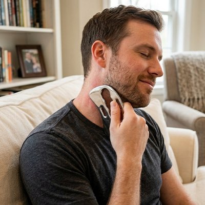 Homme utilisant Gua sha en acier sur le visage