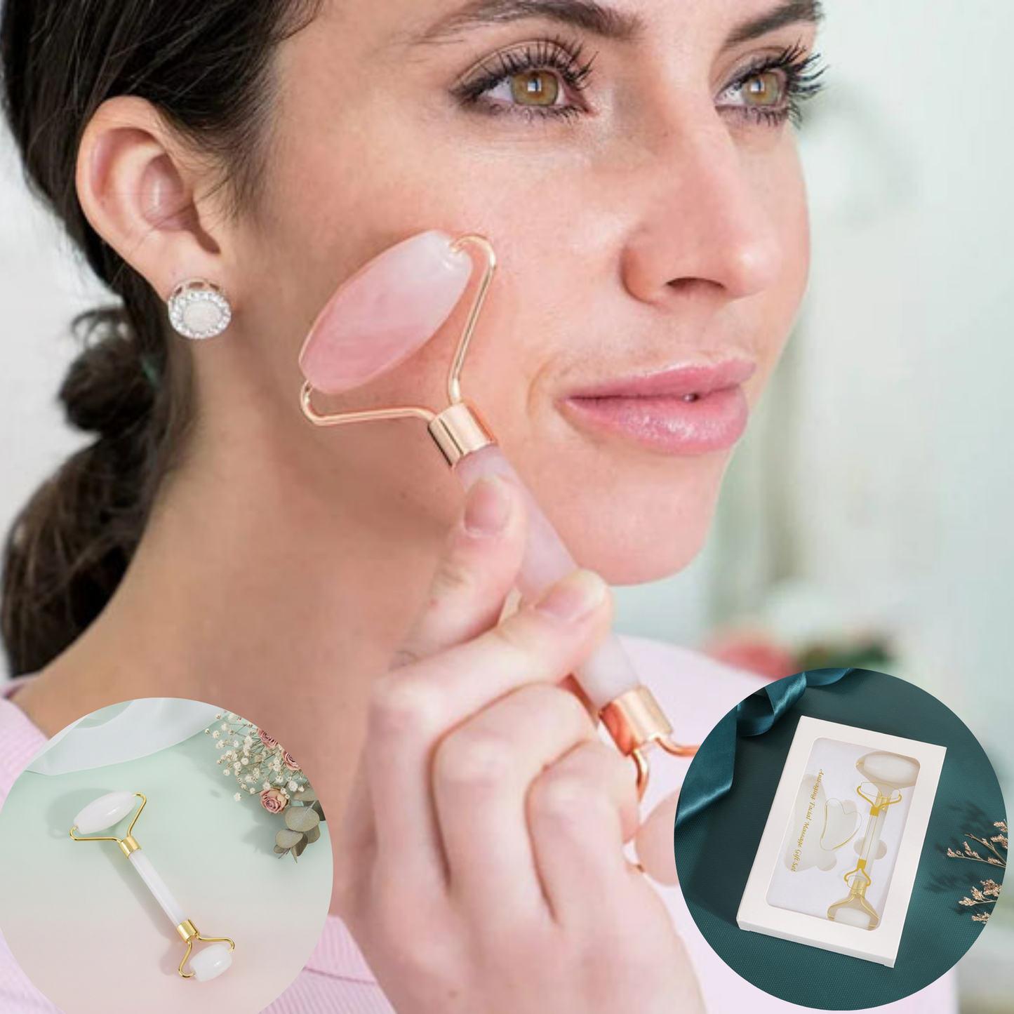 gua sha visage rouleau de jade rose
