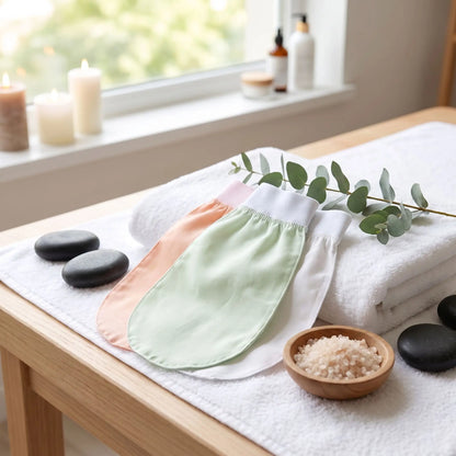 Les 3 gants exfoliants sont sur la table de spa.