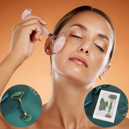 femme massant avec rouleau de jade  gua sha visage