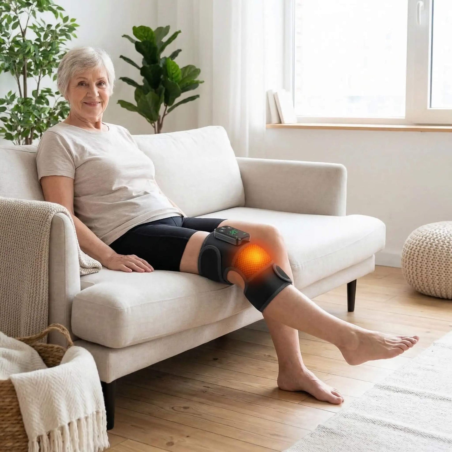 Appareil de massage chauffant Thermovibe genou utilisant femme âgée