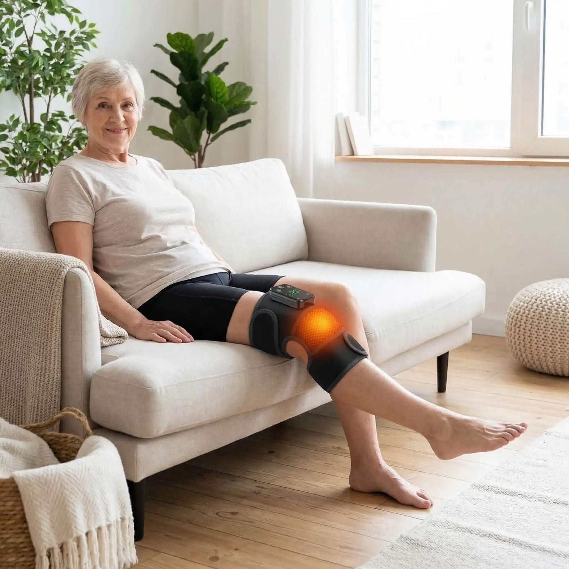 Appareil de massage chauffant Thermovibe genou utilisant femme âgée