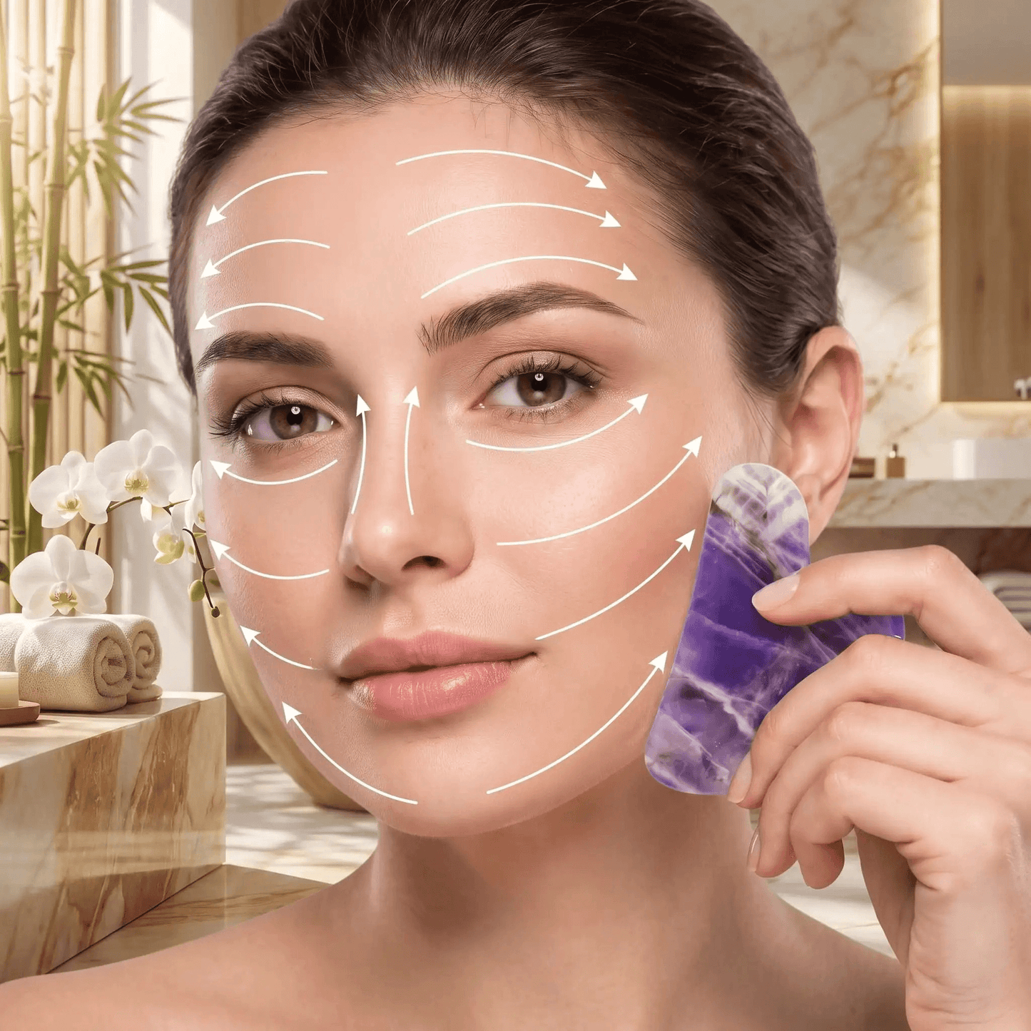 Femme massant son visage avec gua sha en améthyste