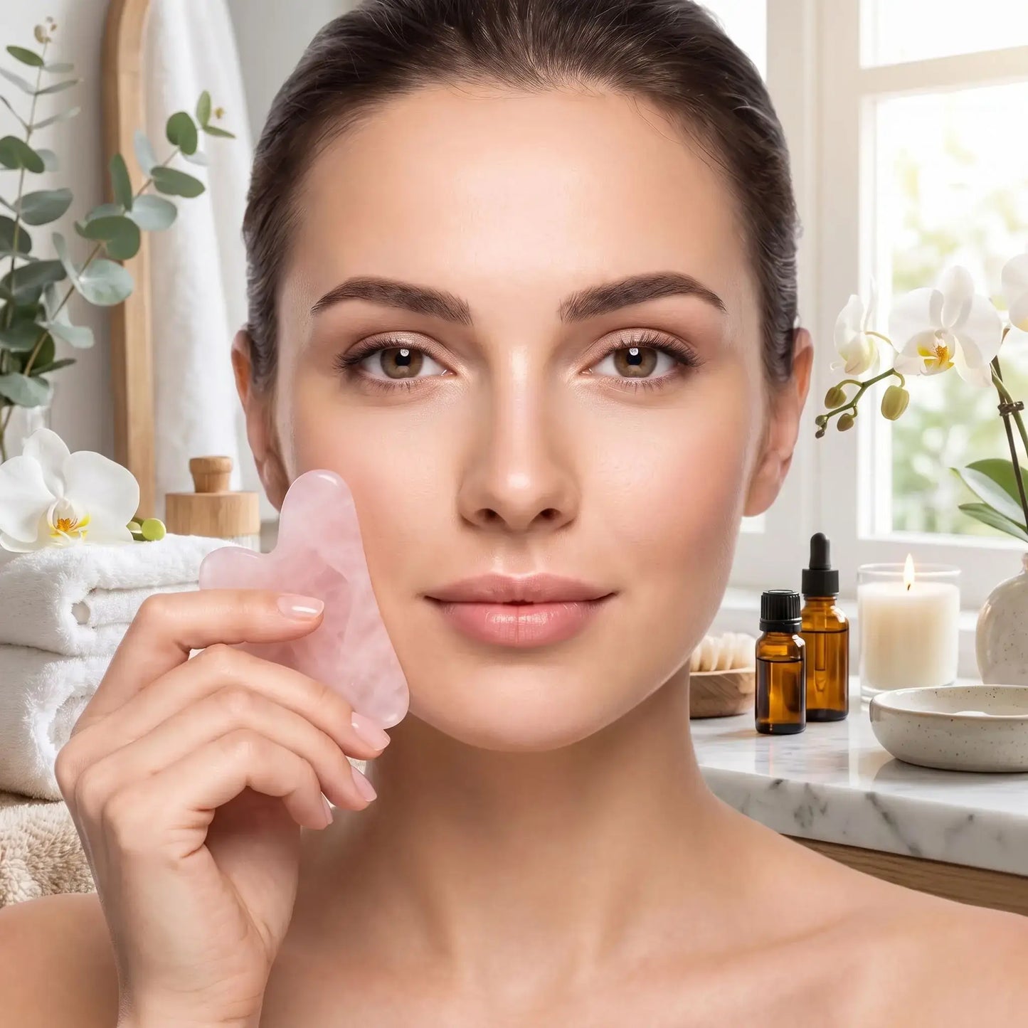 Femme qui utilise gua sha en jade rose