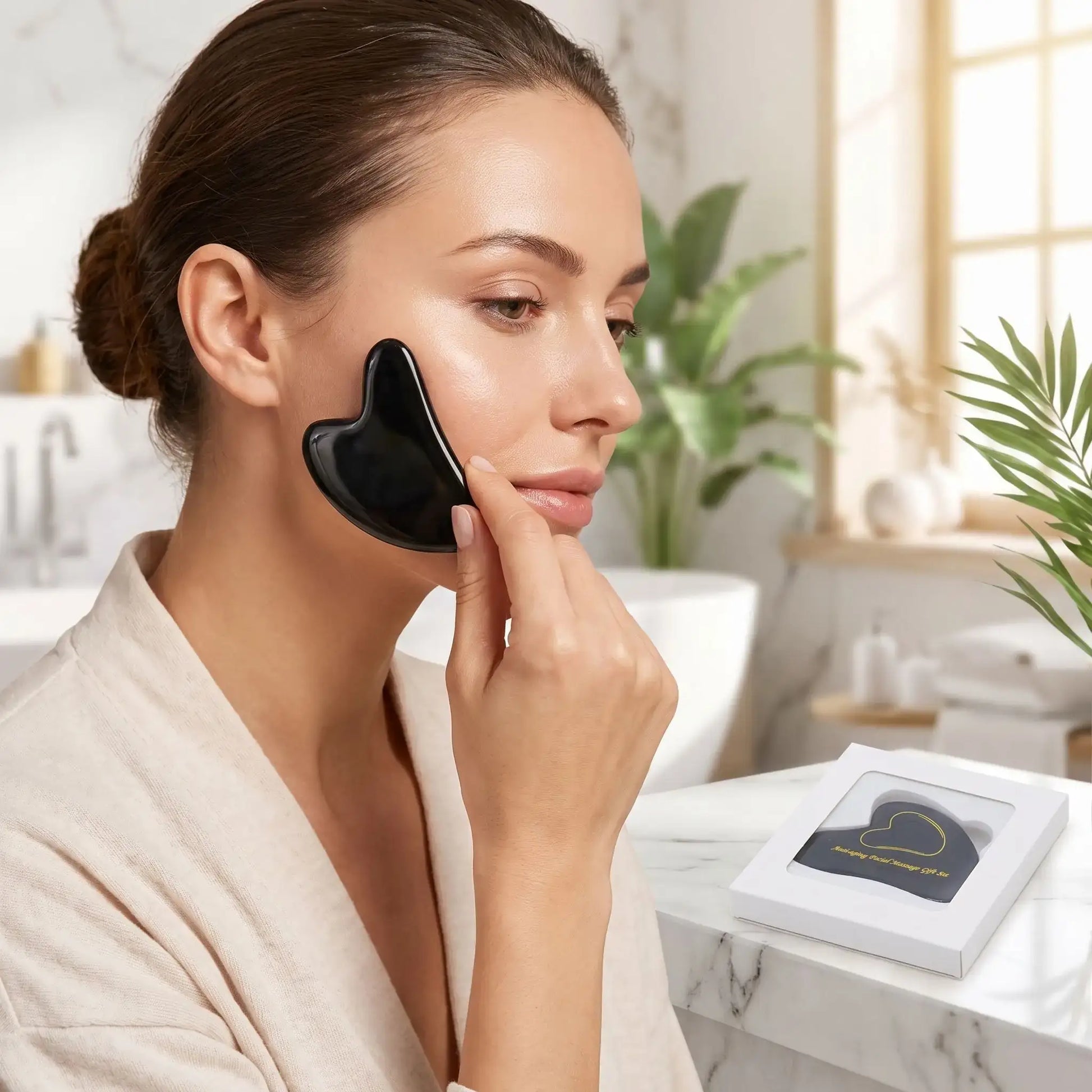 Femme utilisant pierre de gua sha en obsidienne noire