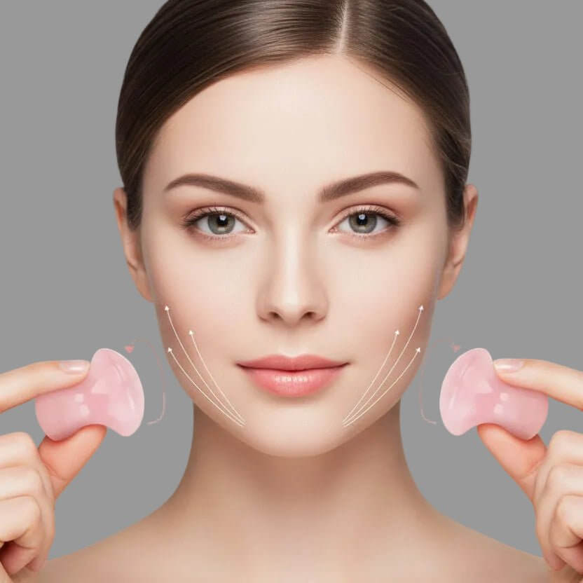 Femme utilisant gua sha visage volcanique en pierre