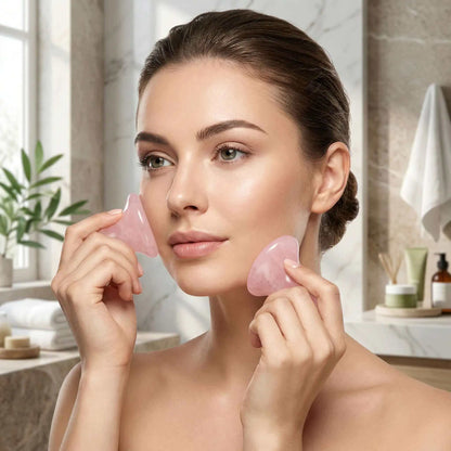 Femme utilisant gua sha visage volcanique