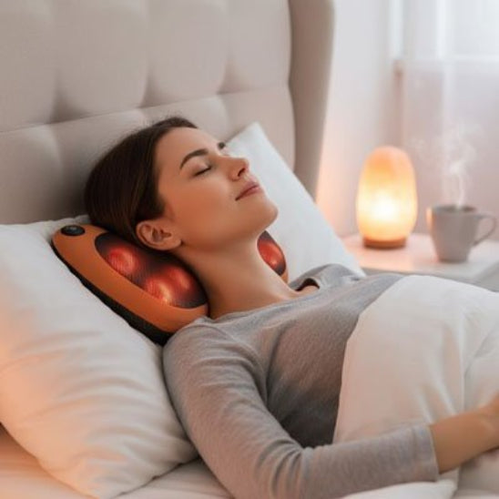 Femme au lit avec coussin massant fonction chauffante