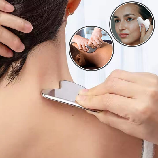 Gua sha en acier, rituel ancestral, effet drainage visage 
