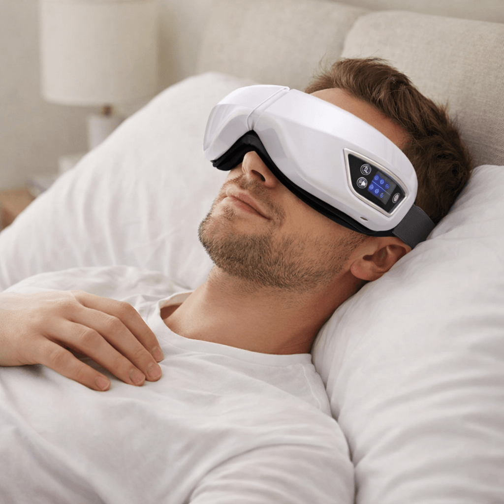 Homme utilise masseur oculaire 4D relaxant