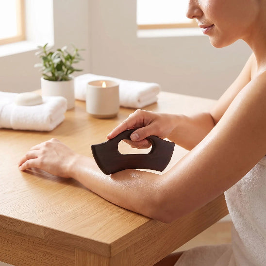  Femme massant l'avant-bras avec 
gua sha corps bois