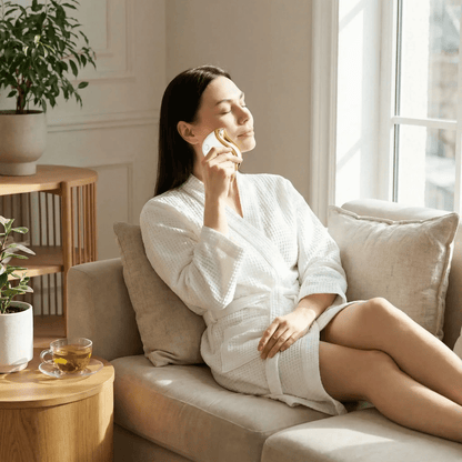 Masseur visage lumière rouge femme dans salon