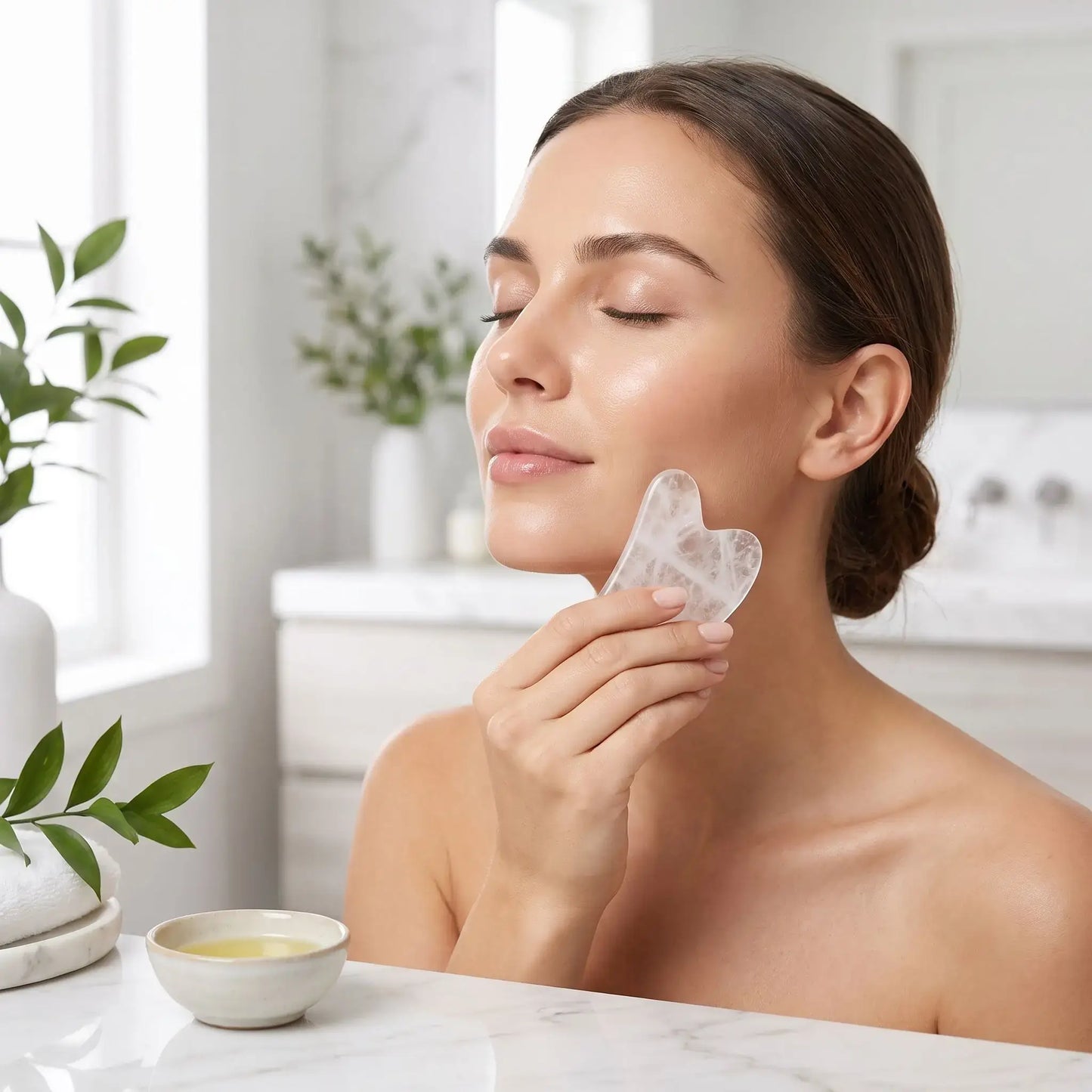 Pierre de gua sha authentique tenu près du visage