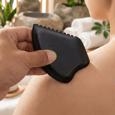 Pierre de gua sha ancestral noir massage épaule