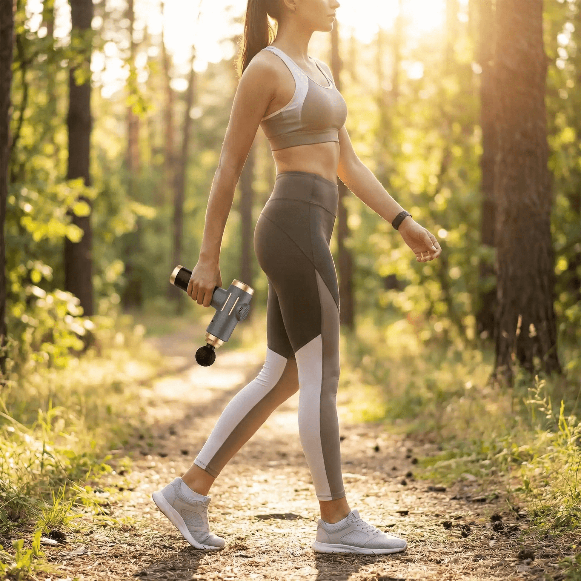 Pistolet masseur Professionne 99 vitesses femme marchant forêt