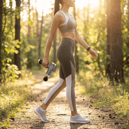 Pistolet masseur Professionne 99 vitesses femme marchant forêt