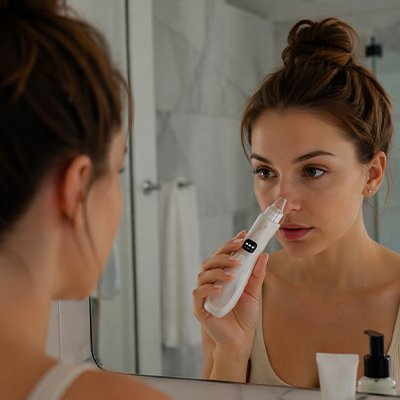 Aspirateur point noir​ utilisé devant un miroir