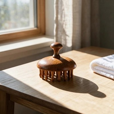 Brosse massage cuir chevelu en bois posée sur une table 