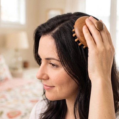 Brosse massage cuir chevelu​ en bois pour un moment de relaxation 