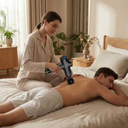Couple utilisant pistolet de massage GM Sport à domicile