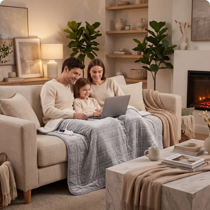 Famille assise sur un canapé sous une couverture chauffante électrique.