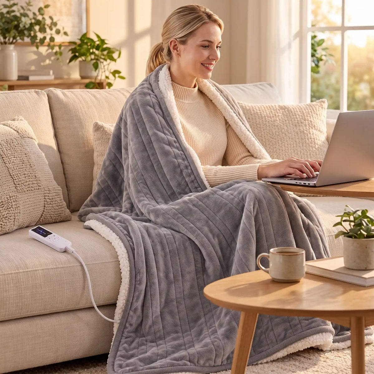 Femme assise sur un canapé avec une couverture chauffante grise.