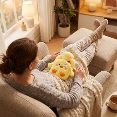  Femme allongée avec une bouillotte peluche sur le ventre