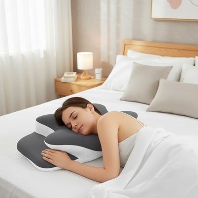  Femme au repos sur oreiller à mémoire de forme gris 