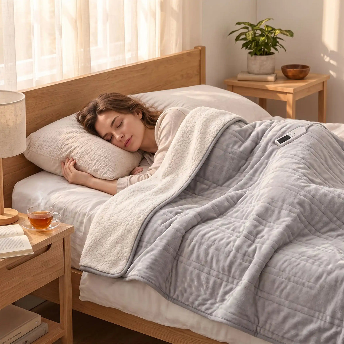 Femme couchée sur un lit sous une couverture grise chauffante.