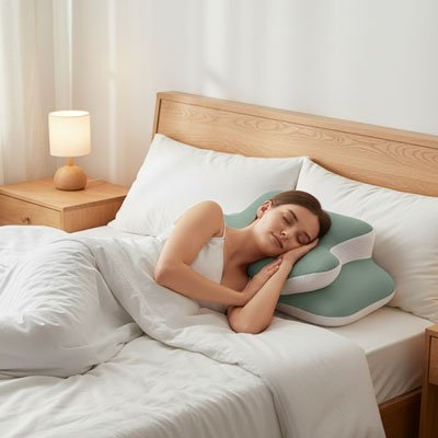  Femme dormant sur le côté avec un oreiller à mémoire de forme 