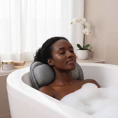  Femme metant coussin baignoire doux sous  son cou  