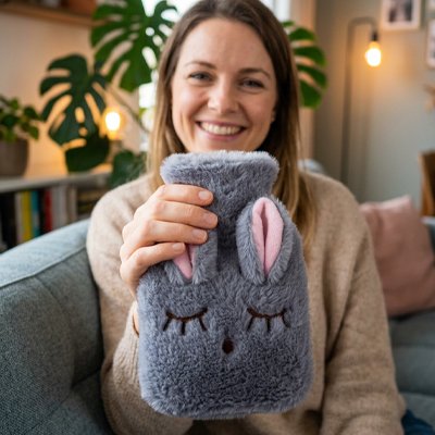 femme montrant bouillotte peluche lapin 