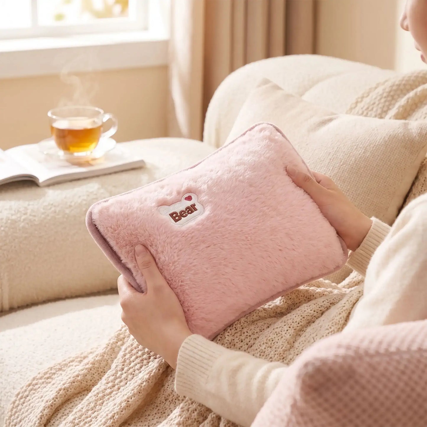 Femme tenant bouillotte électrique rechargeable