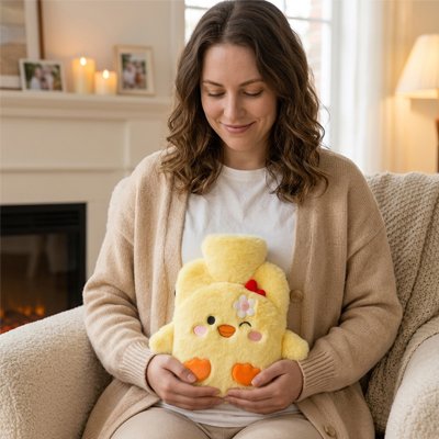  Femme tenant une bouillotte peluche jaune