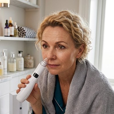  Femme utilisant aspirateur point noir​  sur le nez