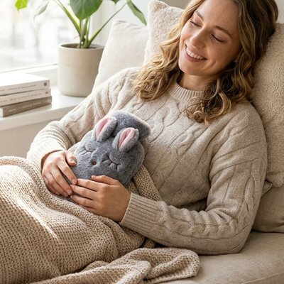  Femme utilisant bouillotte peluche lapin gris 