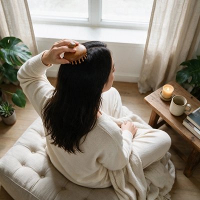  Femme utilisant brosse massage cuir chevelu​ assise dans un fauteuile 
