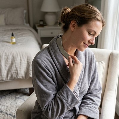  Femme utilisant Gua sha en acier sur la nuque
