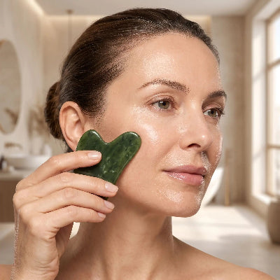 Femme massant sa joue avec un gua sha en jade Xiuyan vert