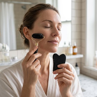  femme utilisant Gua sha visage devant  un miroire 