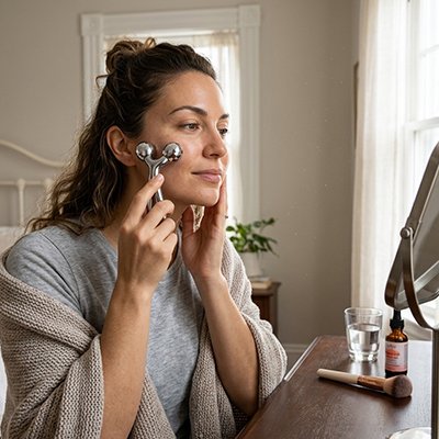  femme utilisant gua sha visage  en acier  