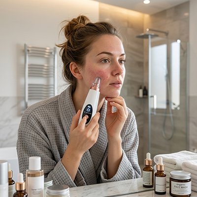  Femme utilisant un aspirateur point noir​  à domicile