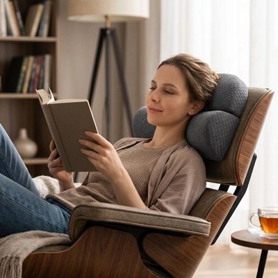 Femme utilisant un oreiller cervical ergonomique à la maison