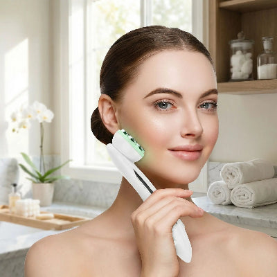 femme souriante utilisant masseur visage, schema LED