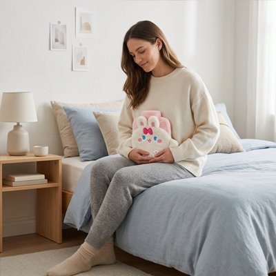 Femmme assise sur un lit avec une bouillotte peluche