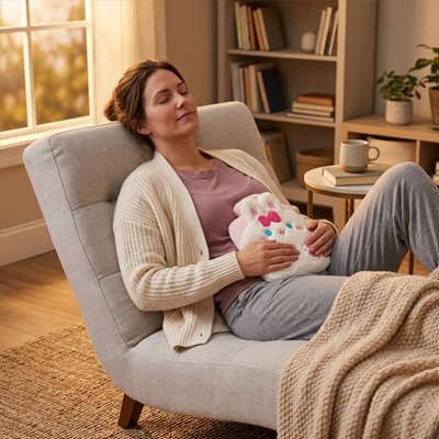  Fille assise tenant bouillotte peluche blanc