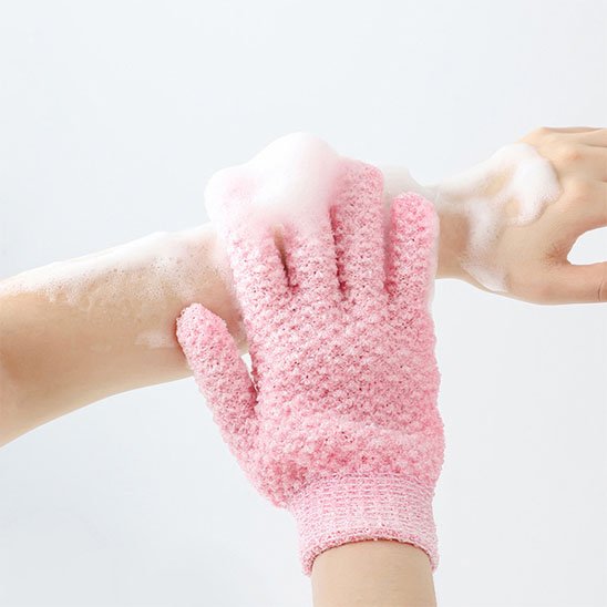 Gant exfoliant rose avec poignet élastique